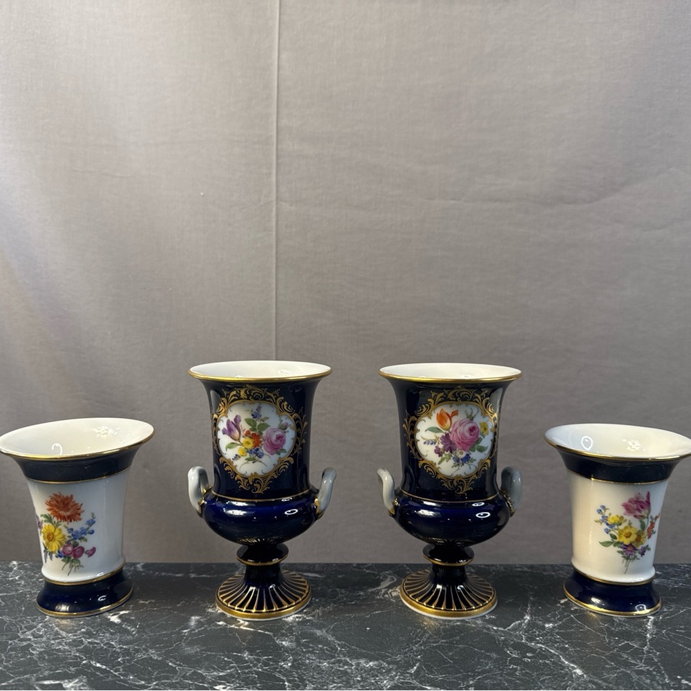 Rare Antique Meissen Vase Set Of Four With Floral / Cobalt Blue Porcelain